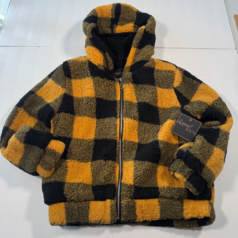 Sweet Rain Buffalo Plaid Sherpa Hoodie Jacket Yellow Black Zip Up J10395-B M